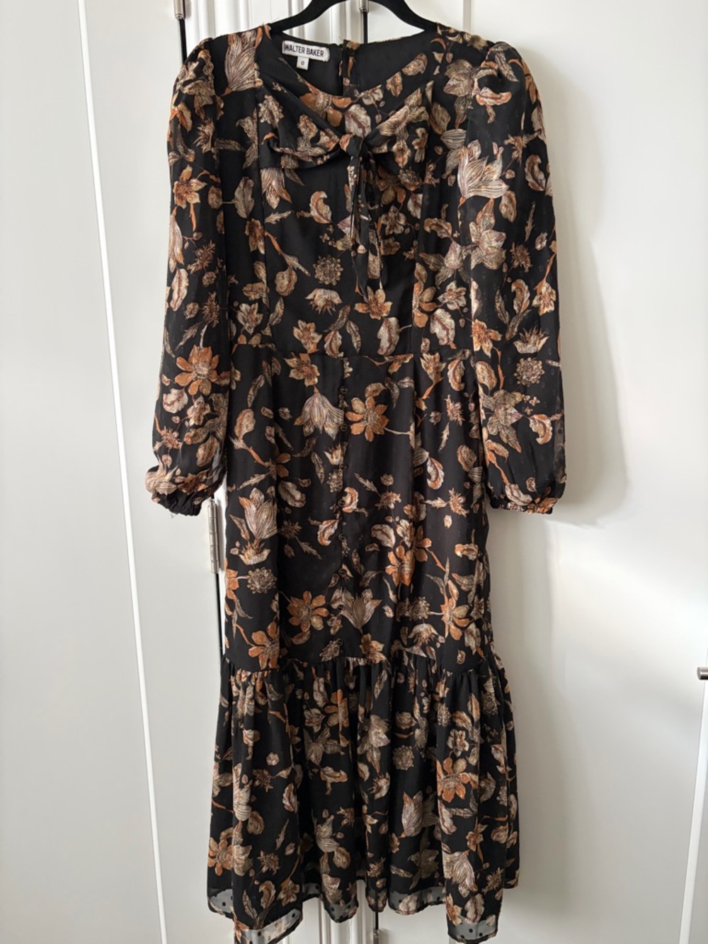 Walter Baker Black Floral Midi Dress with Brown & Cream Accents